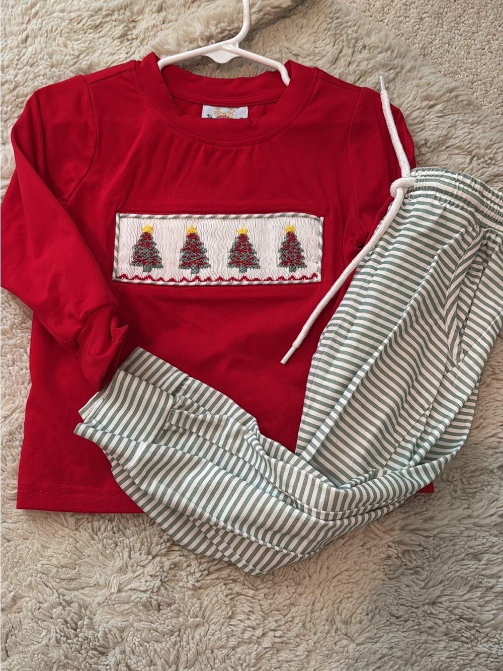 Red Kids Christmas Tree Pajama Set - Long Sleeve Top & Striped Pants